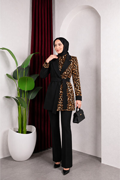 Seyteks 3'lü Leopar Desenli Kuşaklı Blazer Ceket Takım Kadın Tesettür İspanyo...