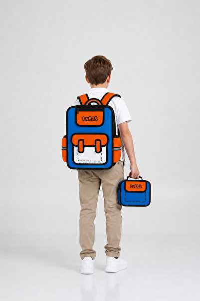 D'VERS Blue Orange 2D Design Primary School School Bag and Lunch Box Set with...