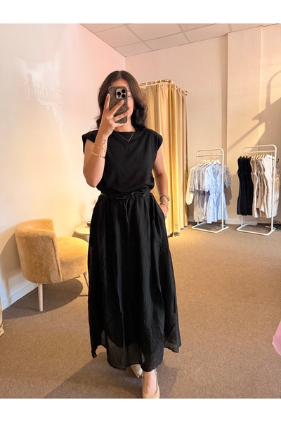 Alâ Butik Official Kadın Siyah Kemerli Omuz Detaylı Uzun Elbise