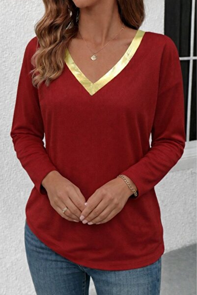 oniks store Women's Long Sleeve V Bright Collar Detailed Viscose Blouse