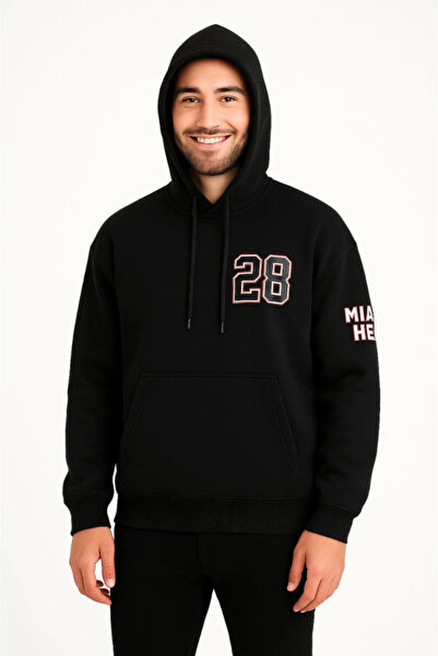 oniks store Three thread hooded front and back printed sweatshirt hoodie - black