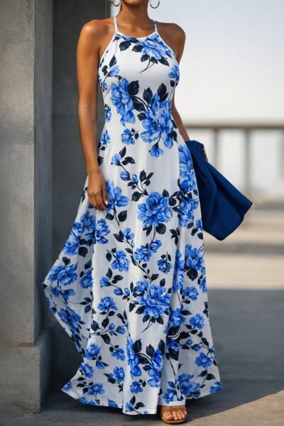 Simala Women's Patterned Long Single Jersey Dress with Open Shoulder Straps