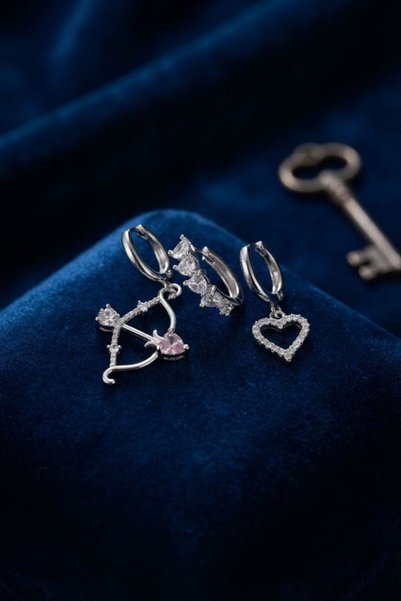 naque Set of 3 Earrings Silver Color Eros Bow Detailed Tj-Bkp11945