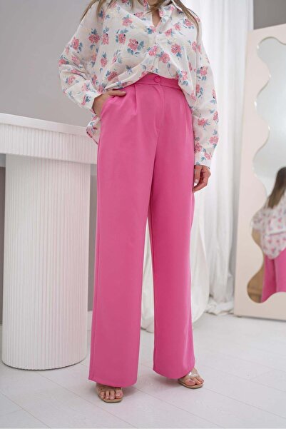 Moda Days Women's Pink High Waist Wide Leg Plain Woven Wide Leg Long Trousers