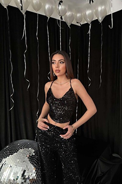 Moda Days بلوزة نسائية سوداء مزينة بالترتر وياقة ديجاجي قصيرة، أنيقة للسهرات ...