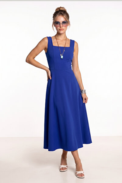 Lovelyİstanbul A-Line Midi Woven Dress Lnt0042 Cobalt Blue