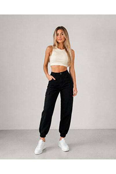 yourshıne denım co. Pantaloni sport negri din in, cu buzunare cargo și manșet...
