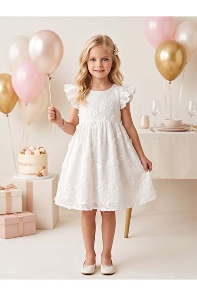 Zekids Kız Çocuk Pamuklu Güpürlü Şık Elbise