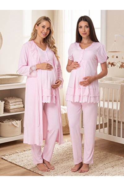 Lohussa New Season Pink Summer Lace Detailed Design Buttoned Short Sleeve Mat...