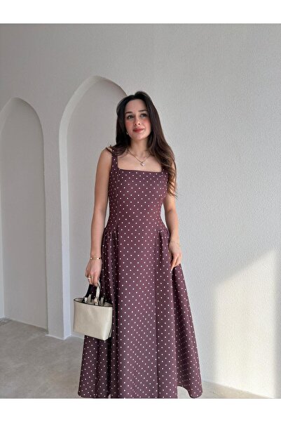 Mooi Butik Li̇va Polka Dot Midi Dress 8980 - Bitter Brown