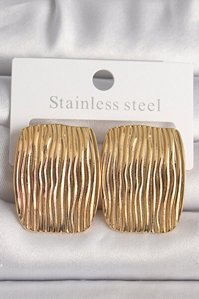 DMR Elegance Brass Gold Color Embroidered Square Plate Model Women's Earrings