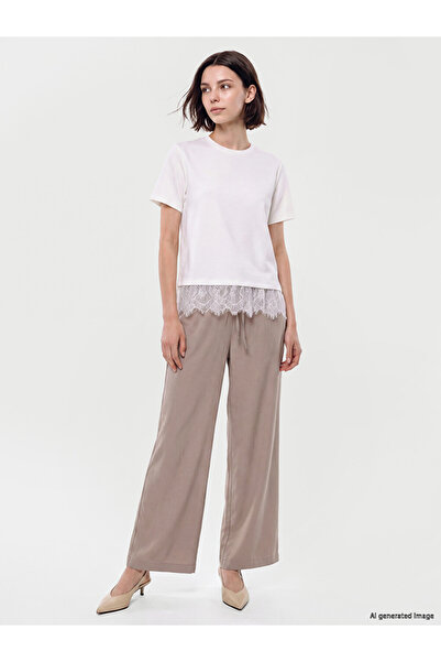 LC Waikiki Beige Elastic Waist Wide Leg Women's Trousers
