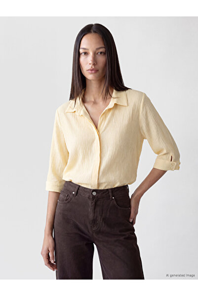 LC Waikiki Yellow Shirt Collar Textured Oversize Blouse