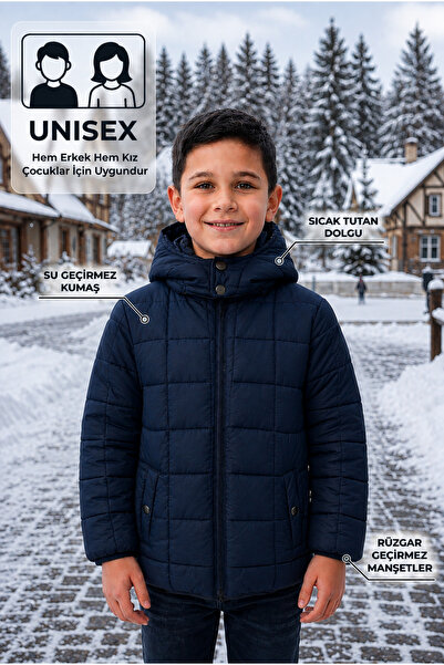 Tonny Black Children's Unisex Navy Blue Regular Fit Square Detailed Hooded Coat