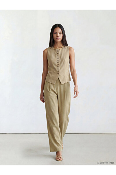 LC Waikiki Beige High Waist Pleated Women's Fabric Trousers