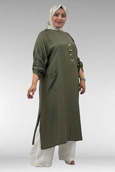 Eslina 68043 Large Size Double Tensel Tunic with Buckle Detail - Khaki