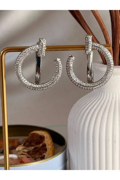 ANKA JEWELLRY Women's Steel Double Row Zircon Stone Hoop Earrings |   Silver ...