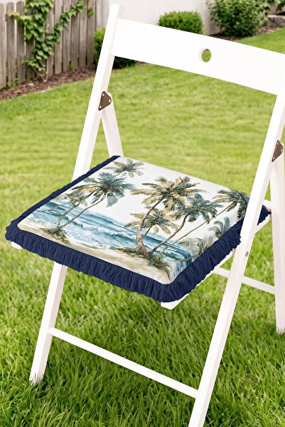 Realhomes Tropical Patterned Fringed Zippered Chair Cushion with Palm Trees a...