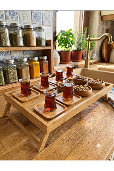 Bambu Ayaklı sunum tepsisi & 6 kare Bardak altlığı Çayseti ve 3 lü Bambu Çerezlik seti ( Konbin set )