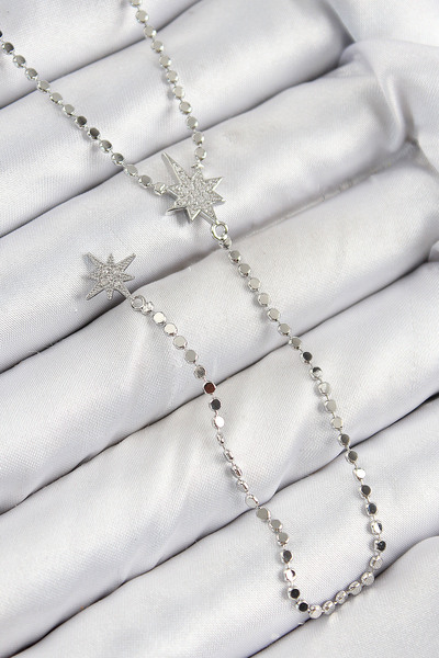 evimdeyokyok Brass Zircon Stone Crushed Chain Pole Star Model Silver Color Y ...