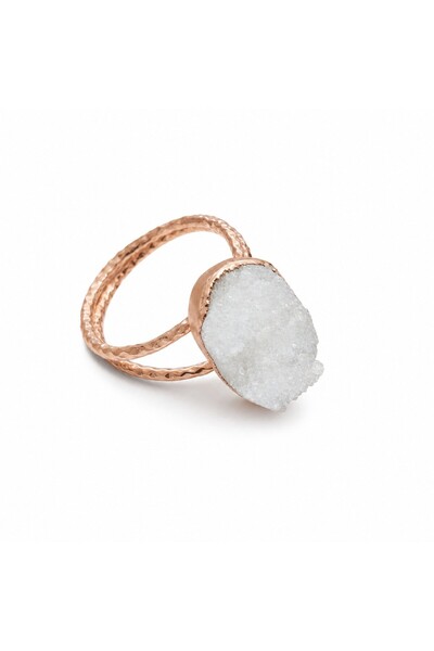 Ceyyiz Natural White Druzy Quartz Stone Adjustable Women's Ring – Copper Doub...