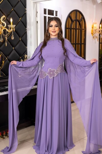 Lin Fashion Pelerinli Boncuk ve İnci İşlemeli Krep Kumaş Tesettür Abiye Elbise