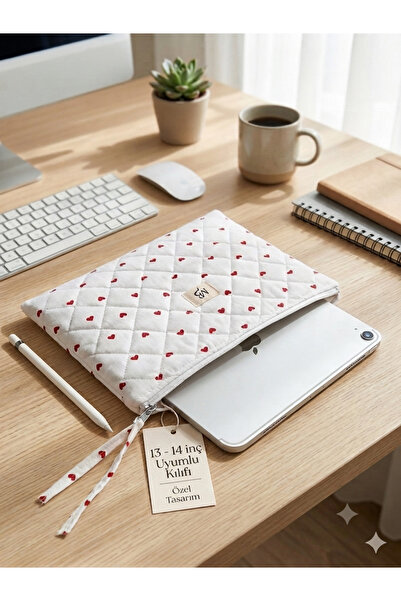 MB kalp desenli laptop tablet kılıfı - 13 inç - 14 inç uyumlu - yıkanabilir