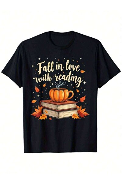 25W تي شيرت Fall In Love Reading Pumpkin Teacher - تي شيرت كاجوال للجنسين، فض...