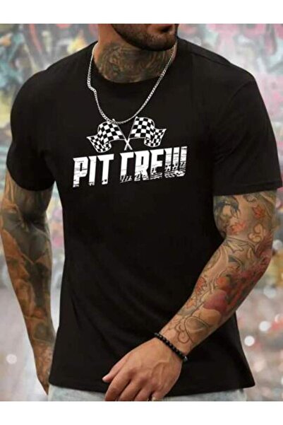 799 تي شيرت رجالي صيفي بأكمام قصيرة - طباعة جرافيكية بعبارة "PIT CREW"، ياقة ...