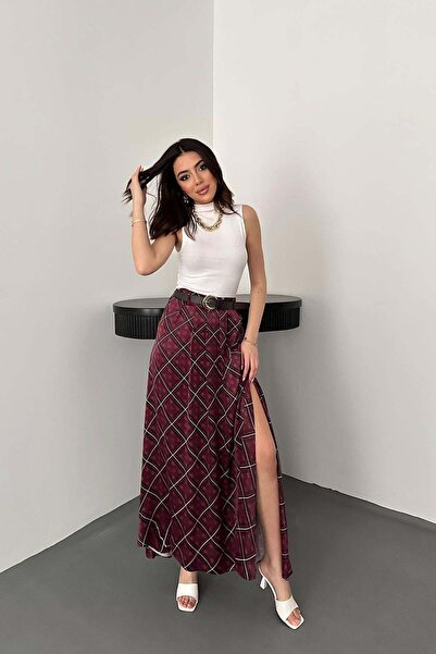 Clothes Fast تنورة ماكسي نسائية منقوشة بنقشة البرقوق ذات خصر مرتفع وفتحة جانب...