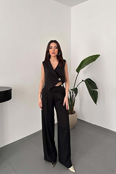 Clothes Fast Set vestă și pantaloni negri pentru femei, țesut, cu vestă asime...