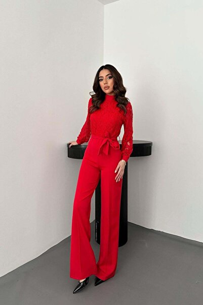 Clothes Fast بدلة نسائية ذات أكمام طويلة وواسعة الأرجل مع ياقة عالية وحزام وت...