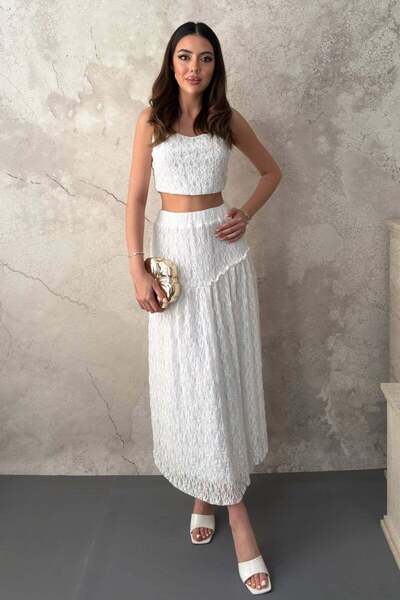 Moda Days Women's White Top and Bottom Set - Strap Lace Crop Blouse and High ...