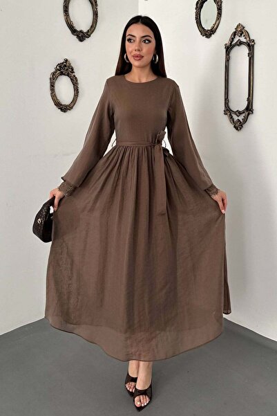 Moda Days فستان نسائي طويل الأكمام من الدانتيل باللون البني مع حزام على شكل ح...