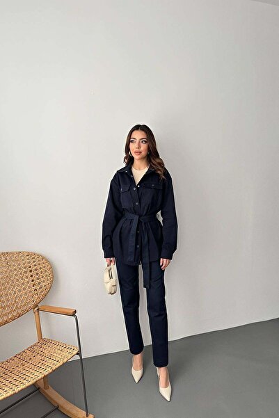 Clothes Fast Γυναικείο Σετ Πουκάμισο-Παντελόνι Ναυτικό Μπλε Γαμπαρντίνα με Ζώ...