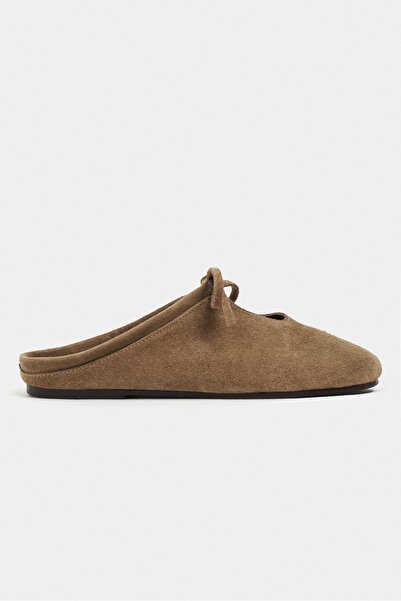NİŞANTAŞI SHOES Arem Rome Beige Inner-Outer Leather Suede Bow Detail Flat Sol...