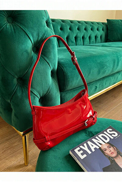 eyandis Women's Bright Red Patent Leather Belt Detailed Baguette Shoulder Bag...
