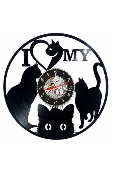 OEM Ceas de perete decorativ din disc de vinil, Model I Love My Cat, Siluetă ...