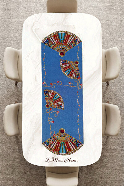 LAMUA HOME Azure Yelpaze Ve Mavi Kot Desenli Lamineli CUt Runner -Lazer Kesim