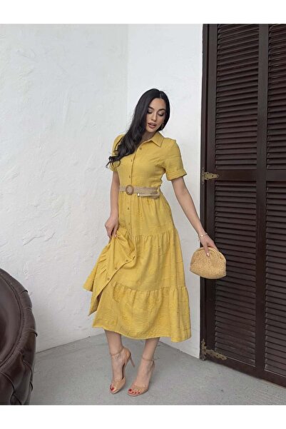 Moda Days قميص ماكسي نسائي باللون الأصفر مع ياقة وحزام وأزرار وتنورة متعددة ا...