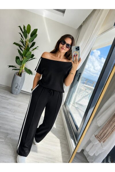 Şeker Portakalım Women's one shoulder open side stripe detailed viscose two t...
