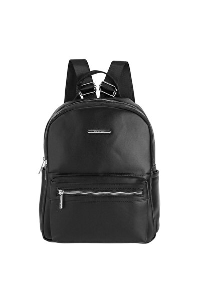 OEM Rucsac negru de damă din PU 26x14x32cm cu fermoare argintii