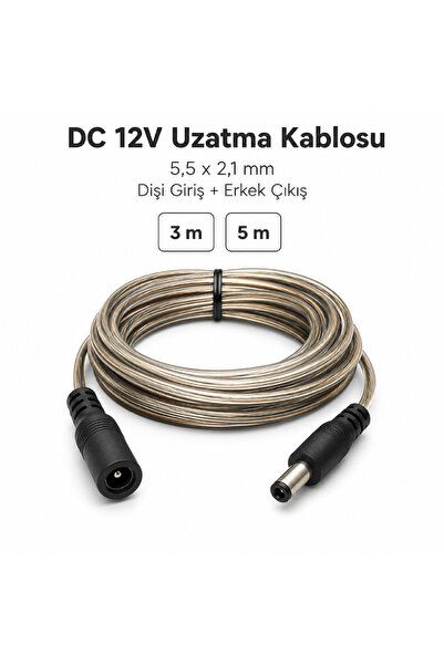 3 Metre 5,5 × 2,1 mm DC 12V Uzatma Kablosu