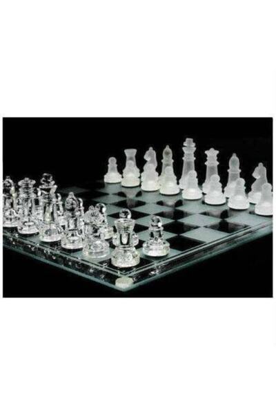 Bundeba Cam Satranç Takımı Lüx Model Dekoratif Hediyelik Orta Boy 25x25cm
