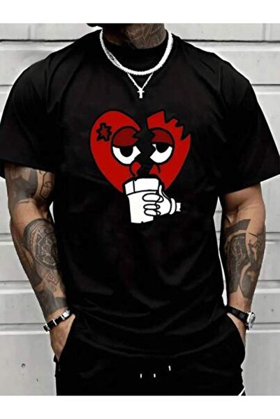 NOURAM تي شيرت رجالي مطبوع عليه تصميم Broken Heart Coffee، تي شيرت مريح بتصمي...