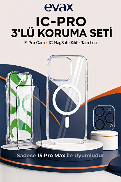 Evax [IC-PRO SET] iPhone 15 Pro Max Uyumlu Aparatlı Cam, IC Sert Şeffaf Sarar...
