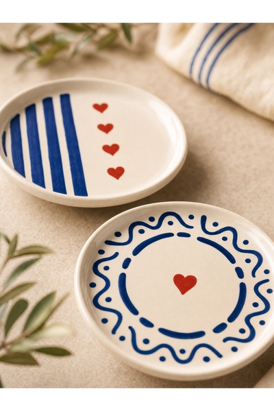 viracasa Blue Kalp 14 Parça 6 Kişilik Kahvaltı Takımı - Kalpli Stoneware Kahvaltılık Sunum Seti