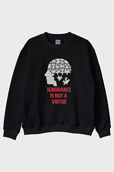lofux Ignorance Is Not a Virtue Printed Puzzle Black Crew Neck Sweatshirt