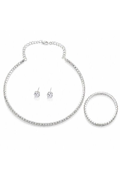 Pursehuit Set colier choker, brățară și cercei, argintiu, cu cristale, Adame C18