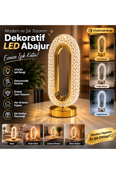 Genel Markalar Kristal LED Masa Lambası Gold | Dokunmatik 3 Renk Işık | USB Ş...